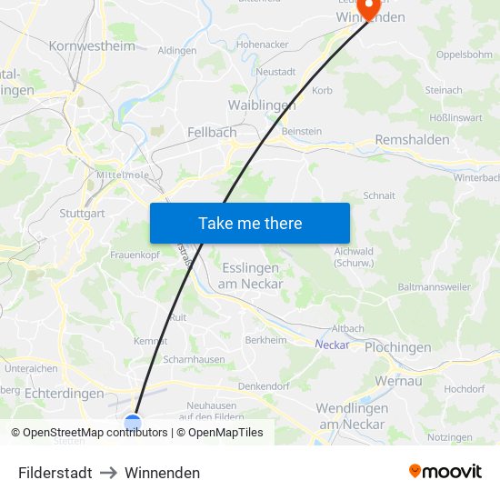 Filderstadt to Winnenden map