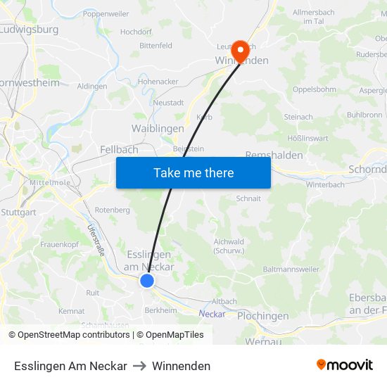 Esslingen Am Neckar to Winnenden map