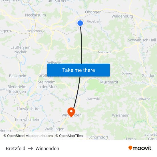 Bretzfeld to Winnenden map