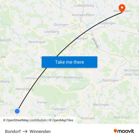 Bondorf to Winnenden map