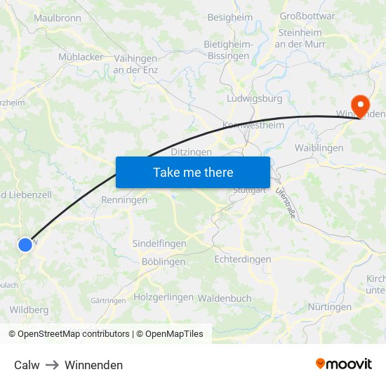 Calw to Winnenden map