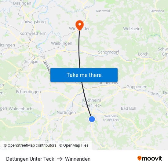 Dettingen Unter Teck to Winnenden map