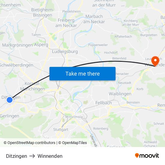 Ditzingen to Winnenden map