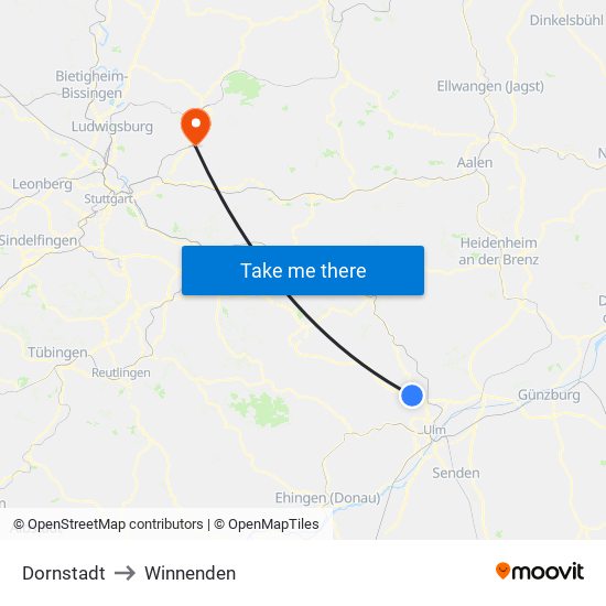 Dornstadt to Winnenden map