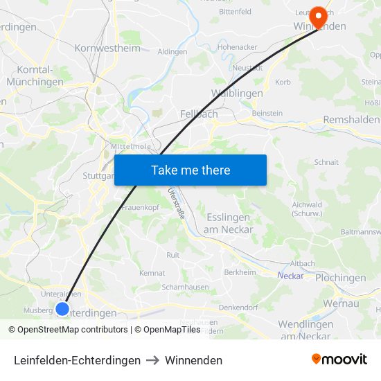 Leinfelden-Echterdingen to Winnenden map