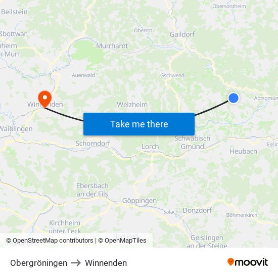 Obergröningen to Winnenden map