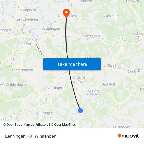Lenningen to Winnenden map