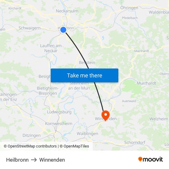 Heilbronn to Winnenden map