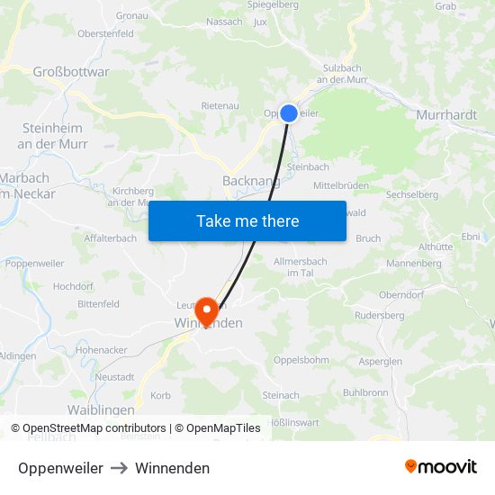 Oppenweiler to Winnenden map