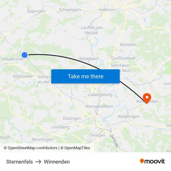 Sternenfels to Winnenden map