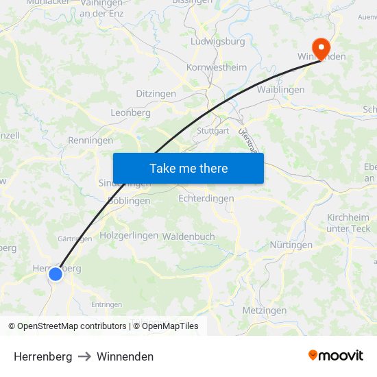 Herrenberg to Winnenden map