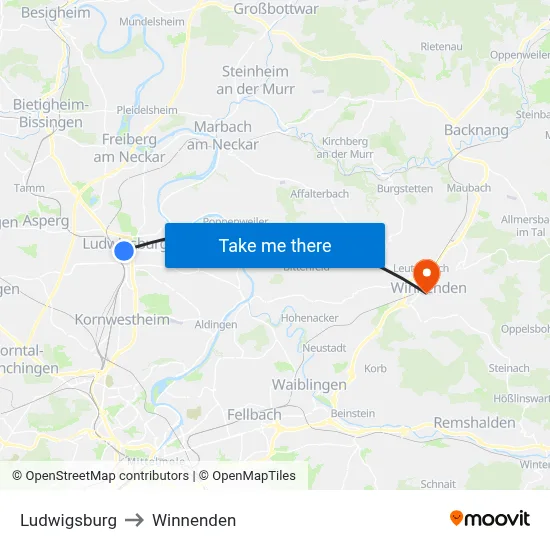 Ludwigsburg to Winnenden map