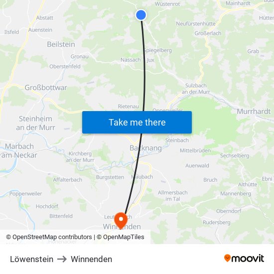 Löwenstein to Winnenden map