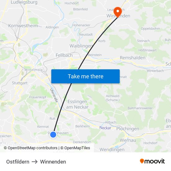 Ostfildern to Winnenden map