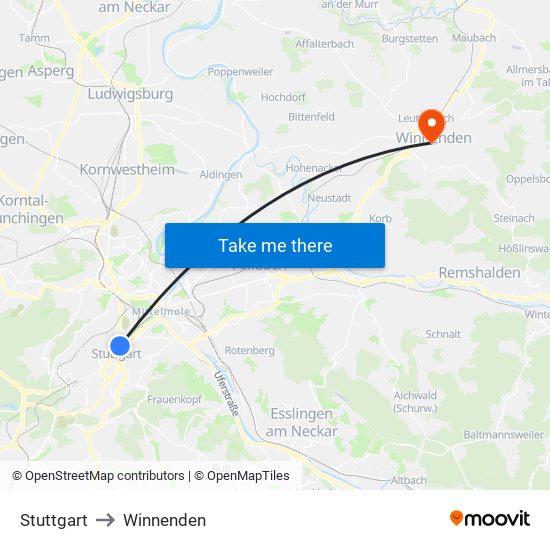 Stuttgart to Winnenden map