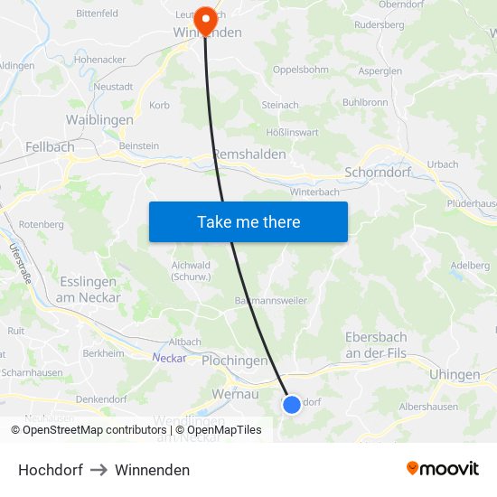 Hochdorf to Winnenden map