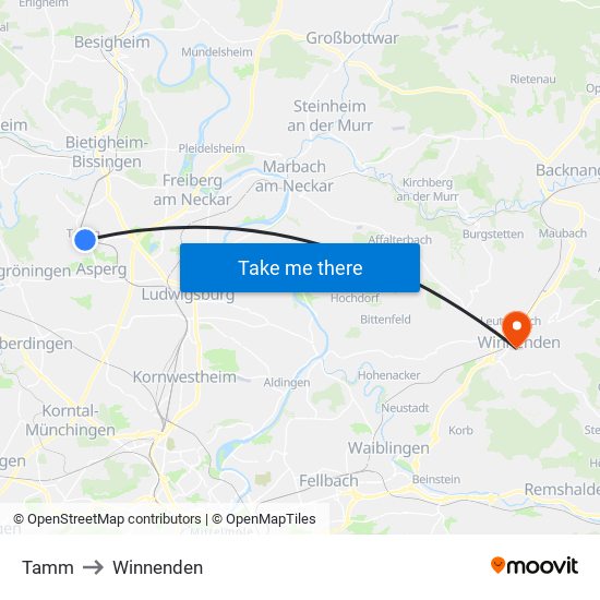 Tamm to Winnenden map