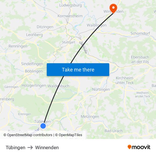 Tübingen to Winnenden map