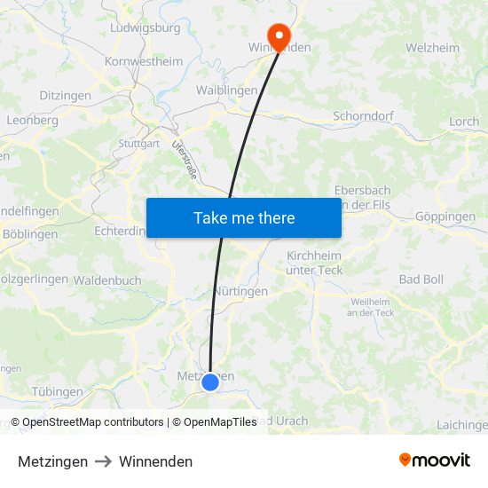 Metzingen to Winnenden map