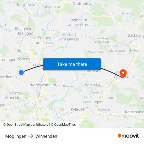 Möglingen to Winnenden map