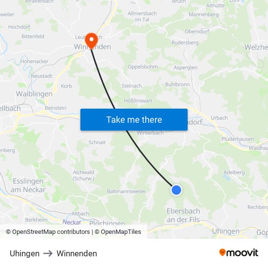 Uhingen to Winnenden map