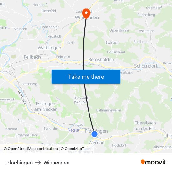 Plochingen to Winnenden map