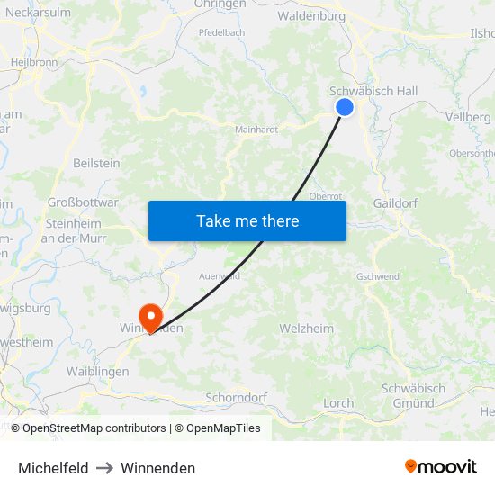 Michelfeld to Winnenden map