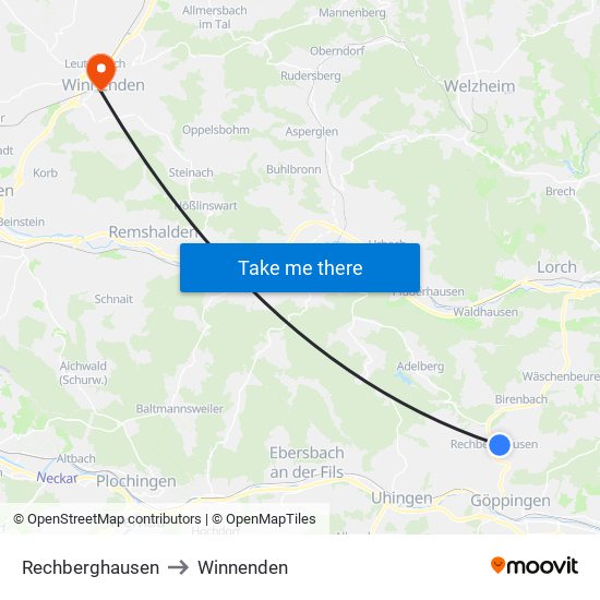 Rechberghausen to Winnenden map