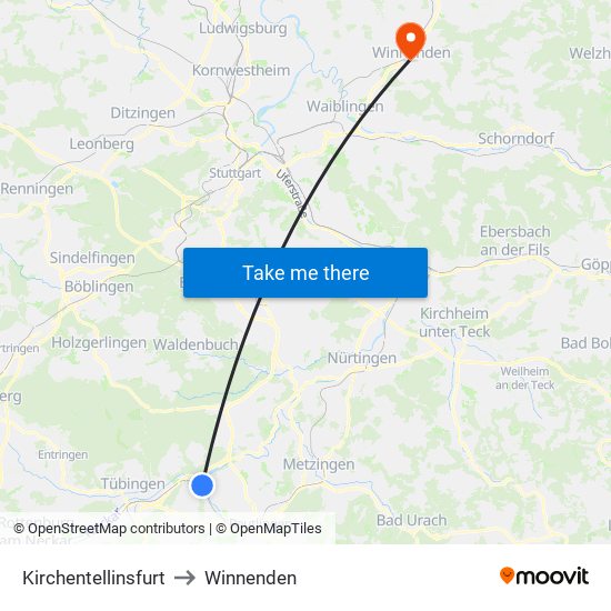 Kirchentellinsfurt to Winnenden map