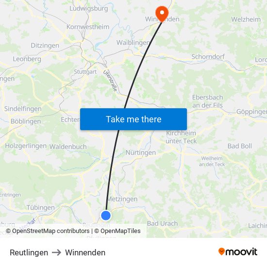 Reutlingen to Winnenden map