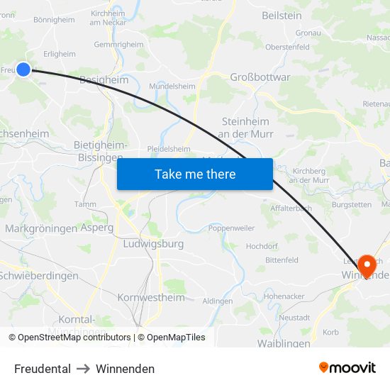 Freudental to Winnenden map
