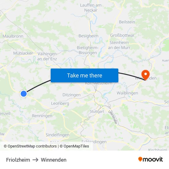 Friolzheim to Winnenden map
