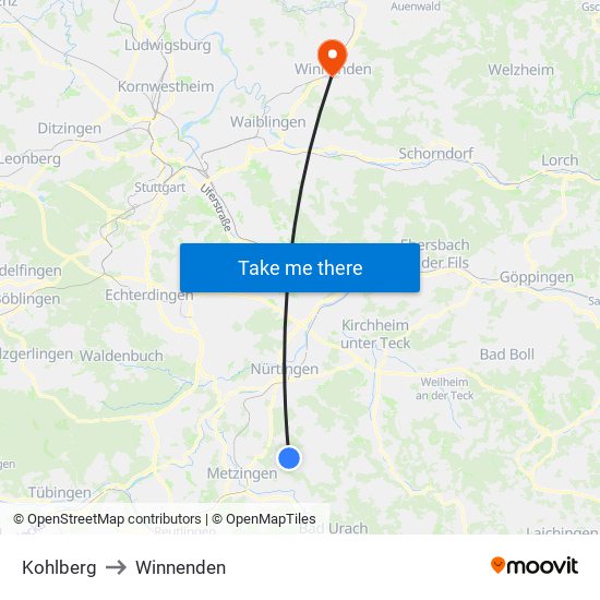 Kohlberg to Winnenden map