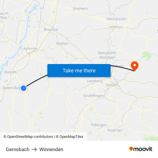 Gernsbach to Winnenden map