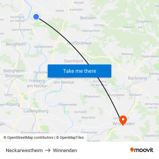Neckarwestheim to Winnenden map