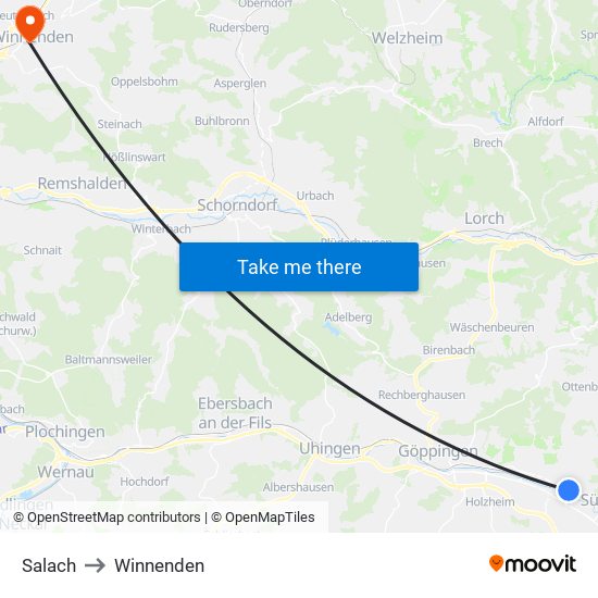 Salach to Winnenden map