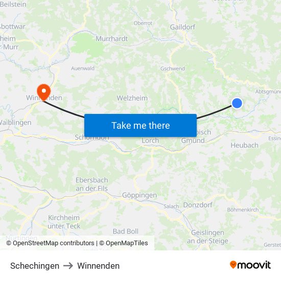 Schechingen to Winnenden map