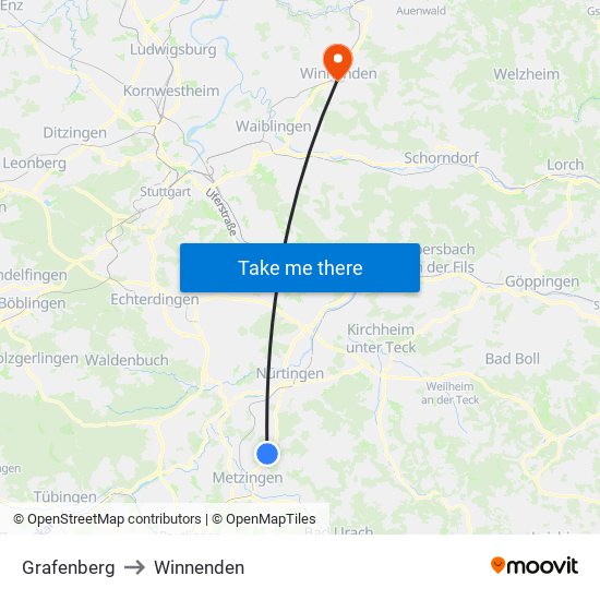 Grafenberg to Winnenden map