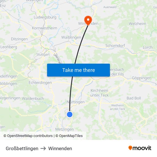 Großbettlingen to Winnenden map