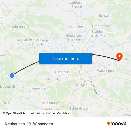 Neuhausen to Winnenden map