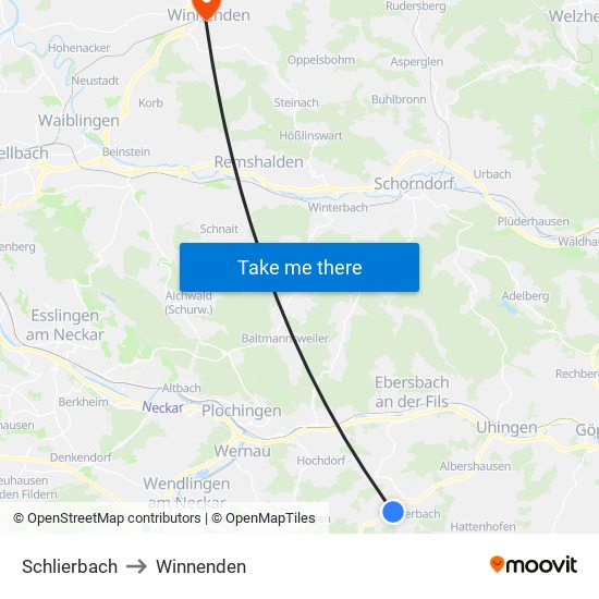 Schlierbach to Winnenden map