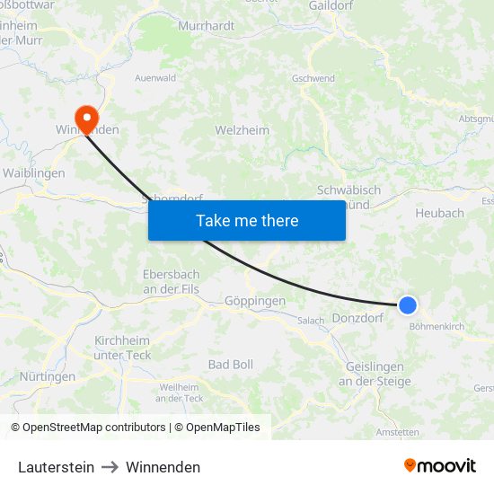 Lauterstein to Winnenden map