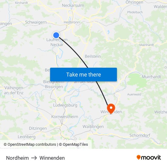 Nordheim to Winnenden map