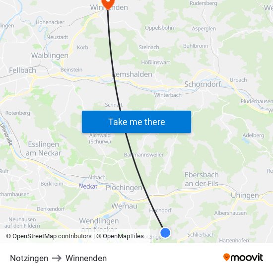 Notzingen to Winnenden map