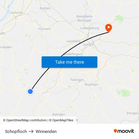 Schopfloch to Winnenden map