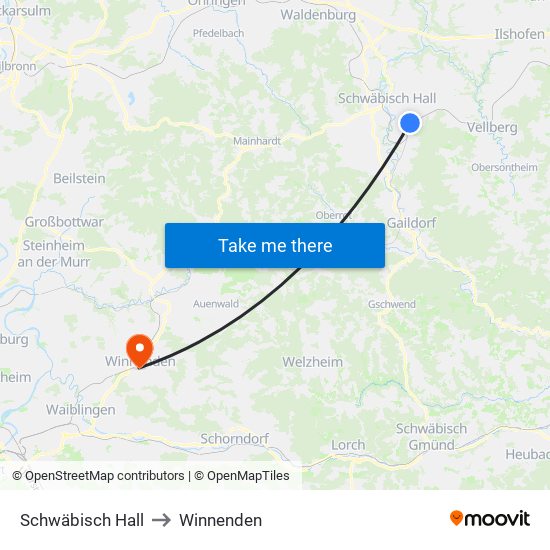 Schwäbisch Hall to Winnenden map