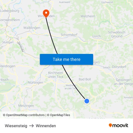 Wiesensteig to Winnenden map