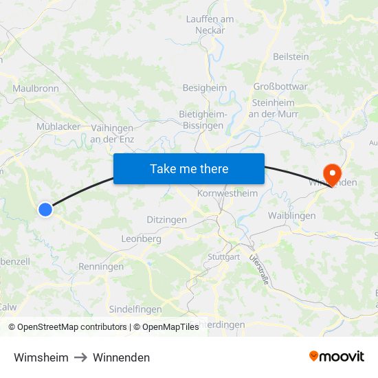 Wimsheim to Winnenden map