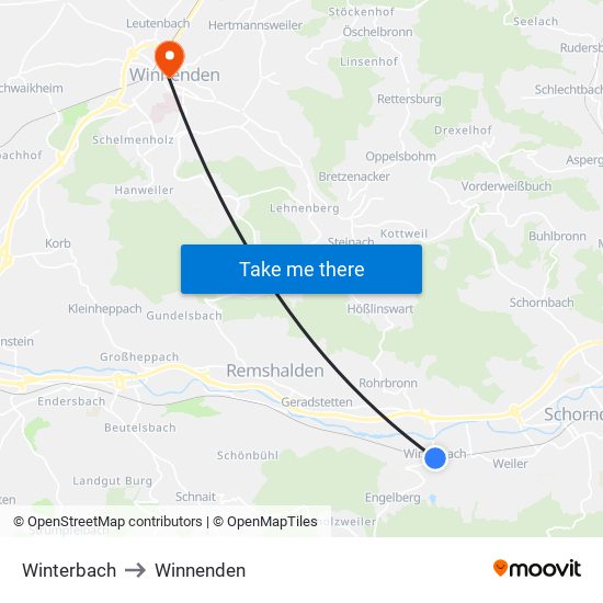 Winterbach to Winnenden map