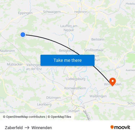 Zaberfeld to Winnenden map